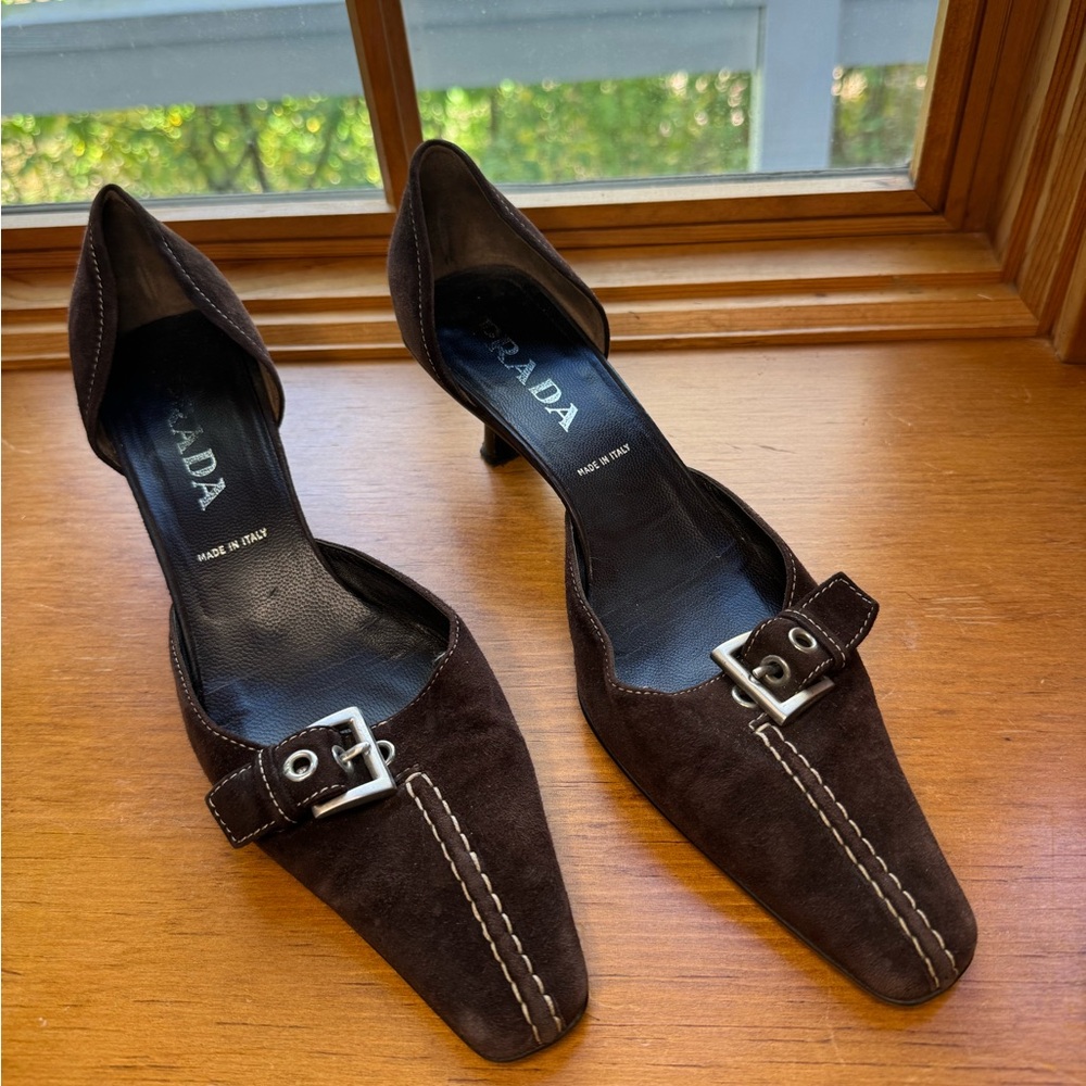 Vintage Suede Prada Buckle Kitten Heels